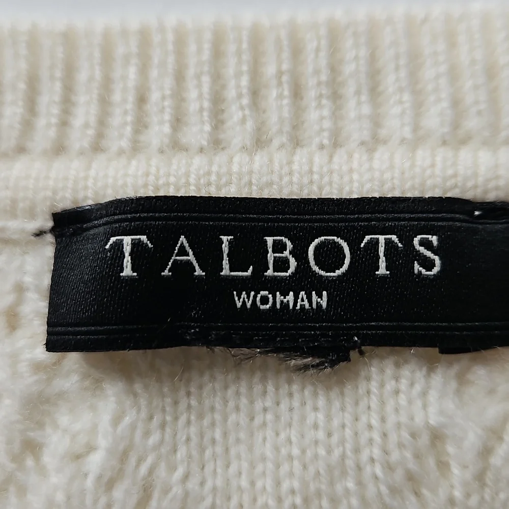 Talbots Cable Knit Sweater Cream Button Shouders 30% Lambswool 2X Soft Neutral